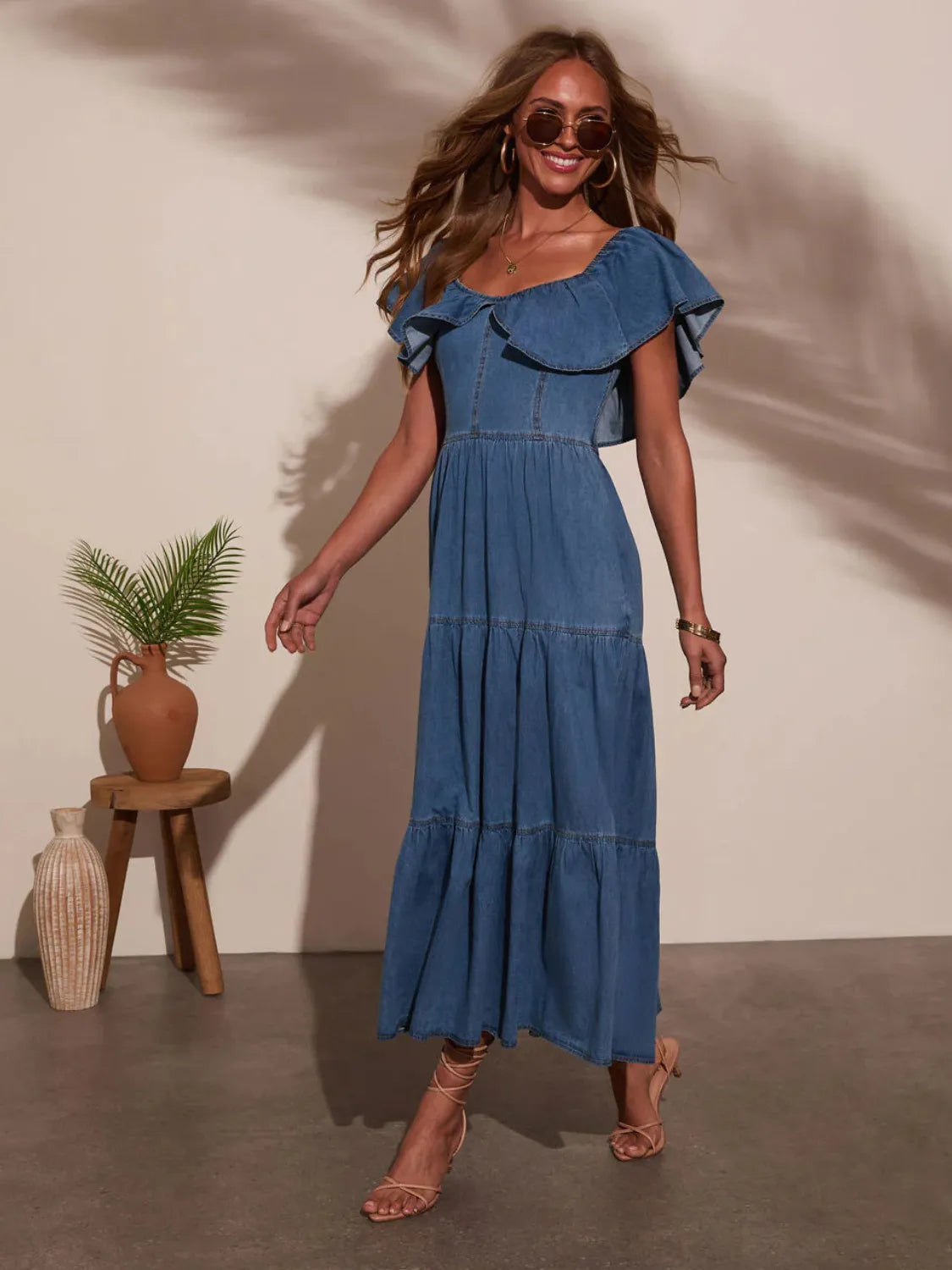 Margot Off-Shoulder Tiered Denim Dress Dark Blue 4
