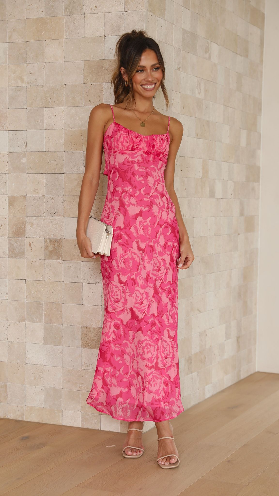 Margie Satin Midi Dress Pink Floral 10