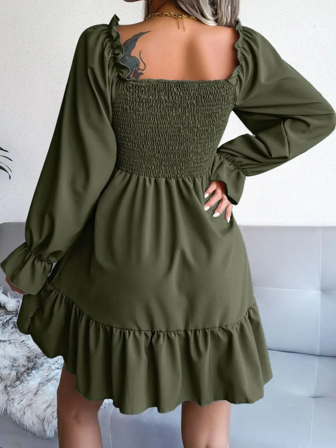 Celine Smocked Flounce Dress Olive 2