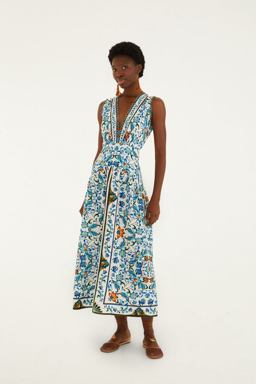 Isabelle Scallop Linen Maxi Dress White Flora Tile Scallop Maxi Dress 1