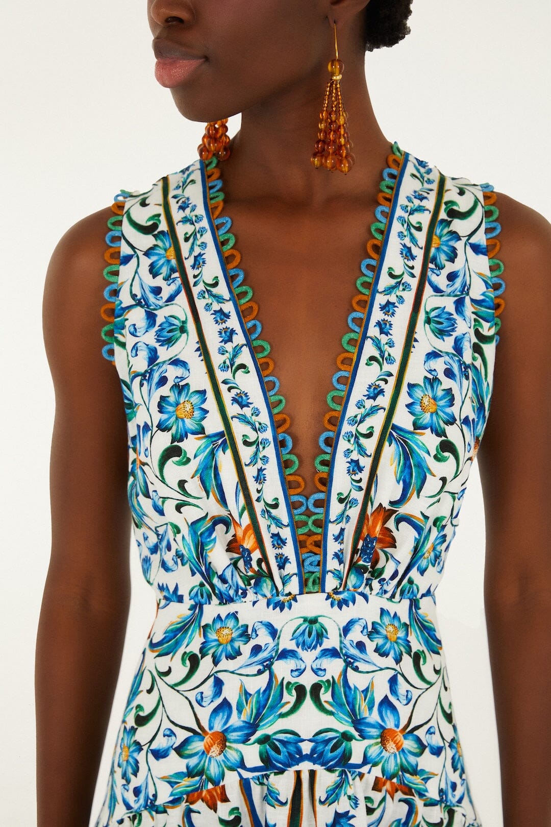 Isabelle Scallop Linen Maxi Dress White Flora Tile Scallop Maxi Dress 2