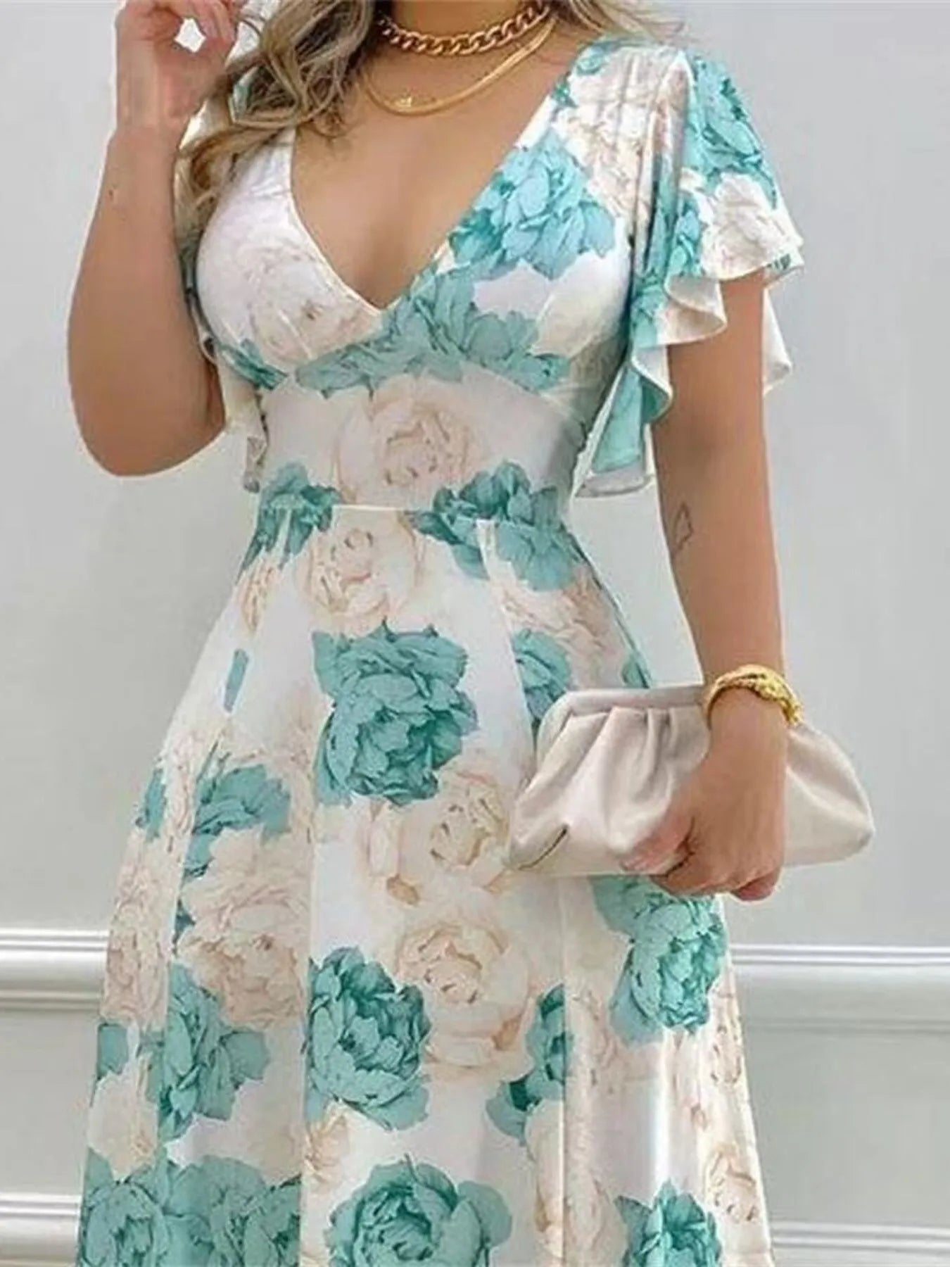 Violet Floral Maxi Dress with Flutter Sleeves Neck Maxi Dress with Flutter Sleeves 3