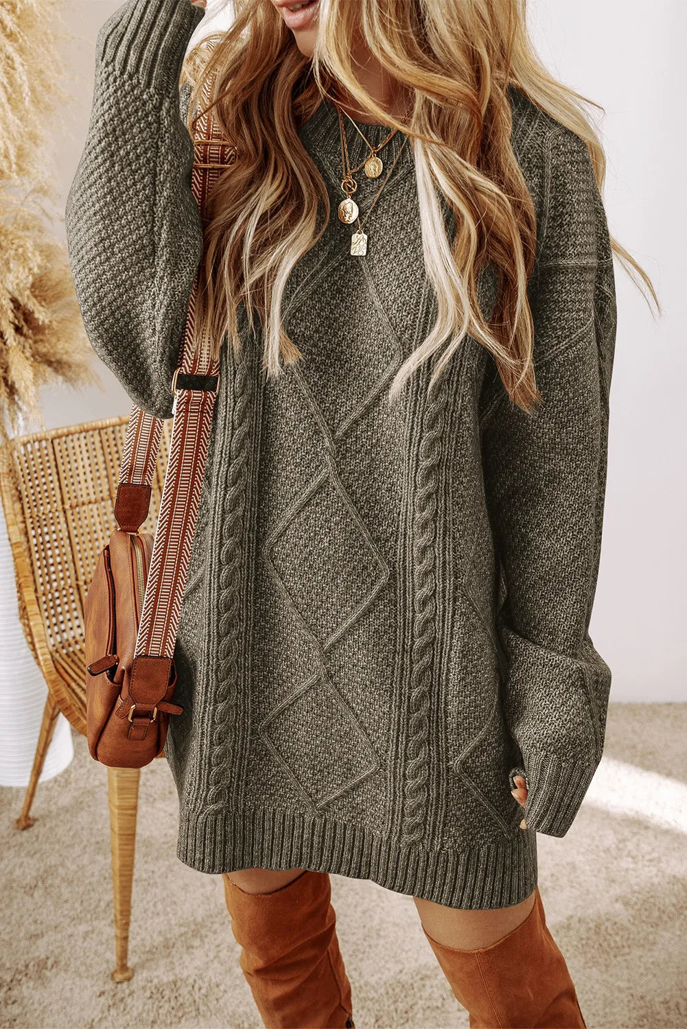 Margot Cable-Knit Wrap Sweater Dress Taupe 1