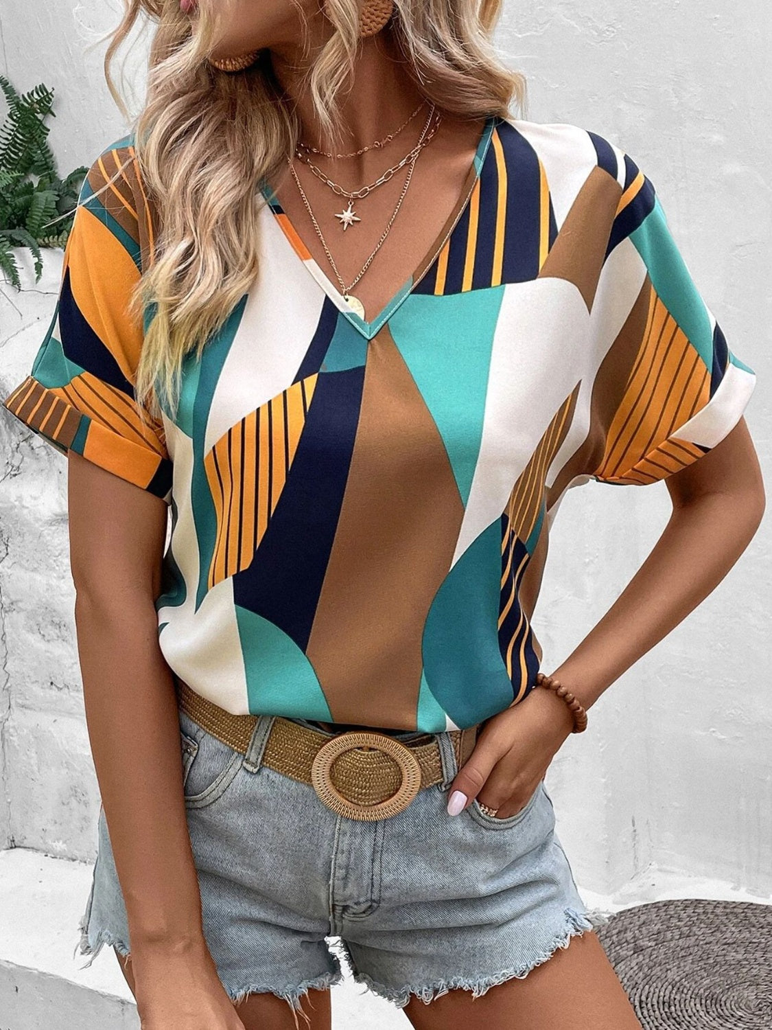 Margot Printed Tiered Dress Neck Short Sleeve Blouse 8