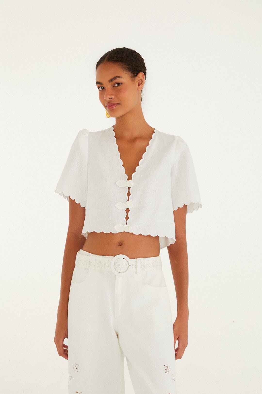 Isabelle Scallop Linen Maxi Dress White Roses Scallop Artisanal Top 1