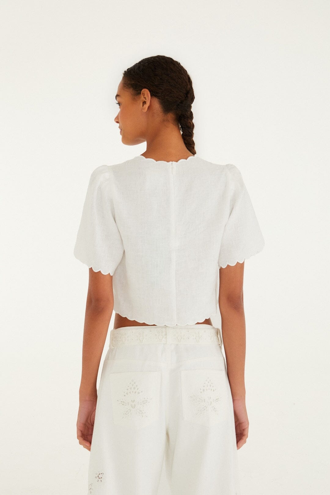 Isabelle Scallop Linen Maxi Dress White Roses Scallop Artisanal Top 3