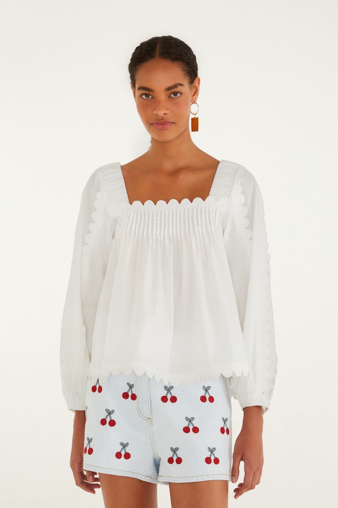 Isabelle Scallop Linen Maxi Dress White Long Sleeve Blouse 1