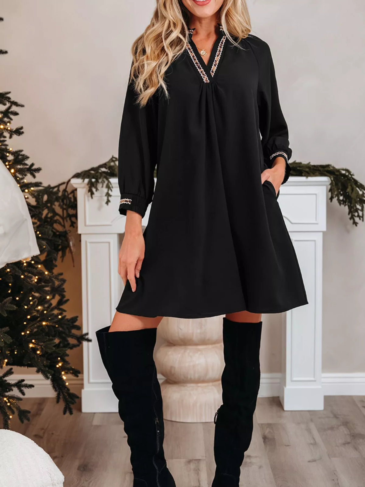 Wren Contrast Trim Shift Mini Dress Black 1