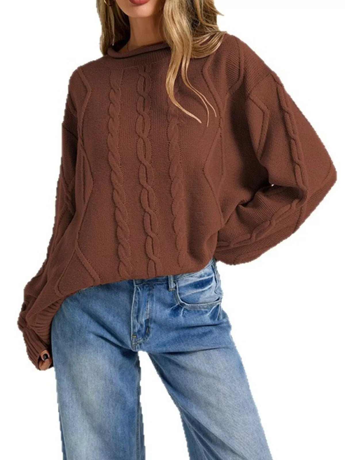 Margot Cable Knit Sweater in Brown Green 3