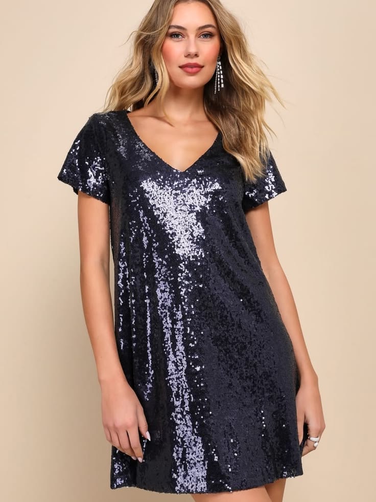 Lucienne Sequin Shift Dress in Navy Silver 1