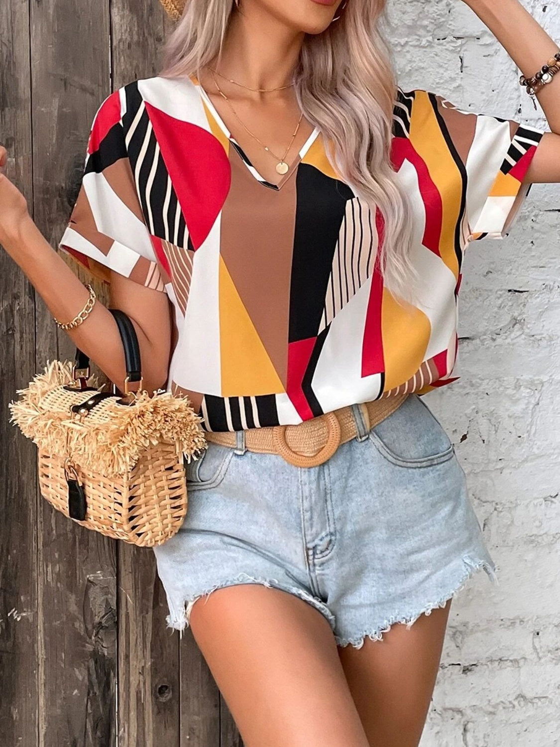 Margot Printed Tiered Dress Neck Short Sleeve Blouse 5