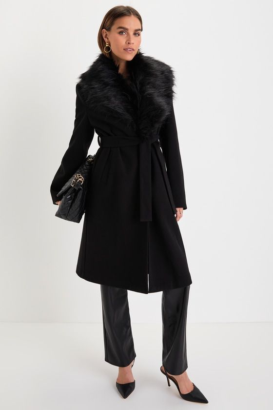 Margot Faux Fur Collar Belted Coat Black 1