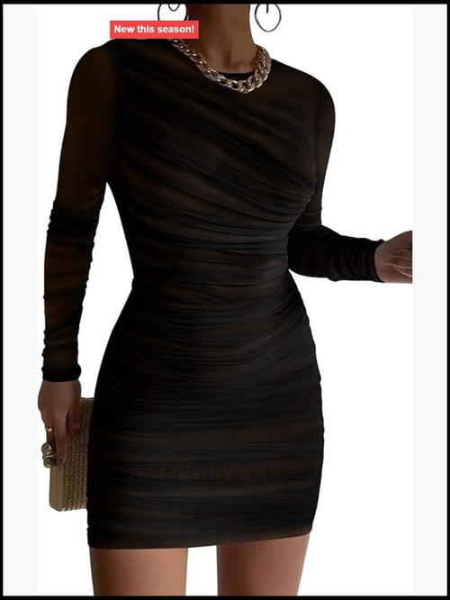 Vianne Mesh Ruched Mini Dress Black 1