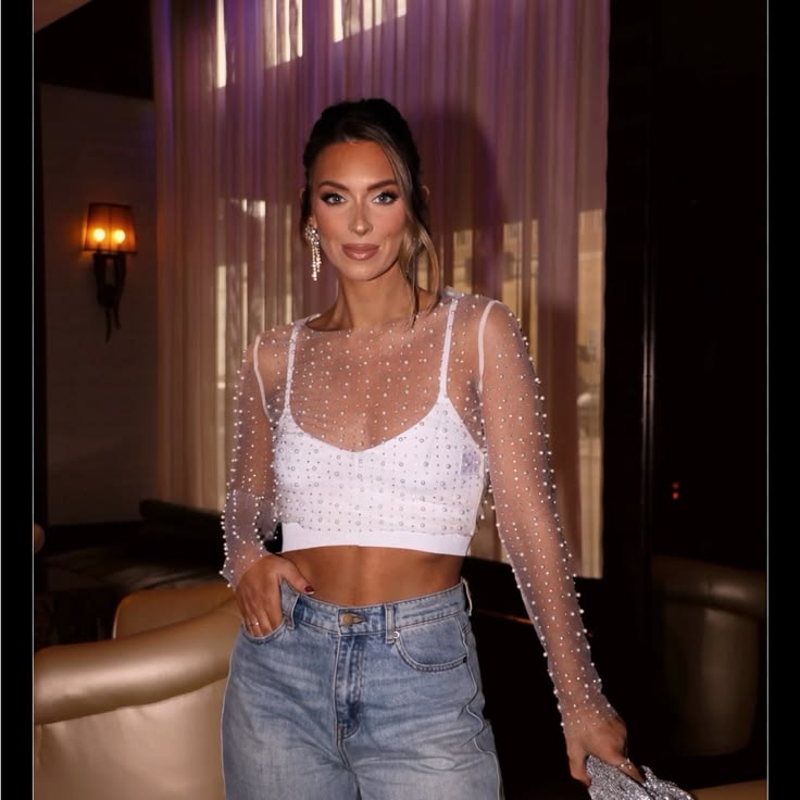 Aria Pearl Mesh Top White 1