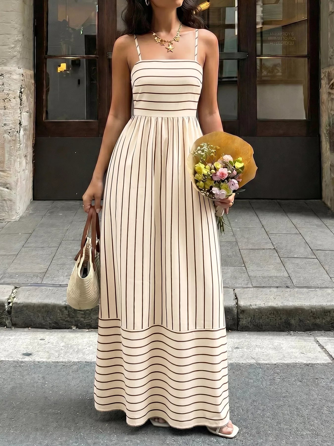 Celeste Striped Linen Maxi Dress Apricot 1
