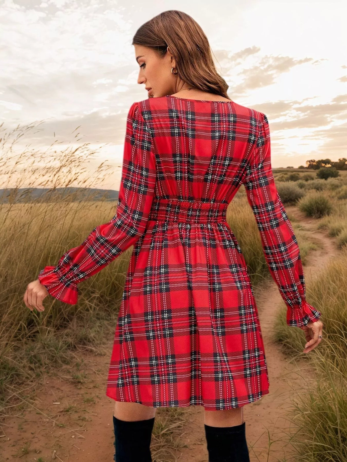 Rosalie Plaid Tie-Front Mini Dress Red 6