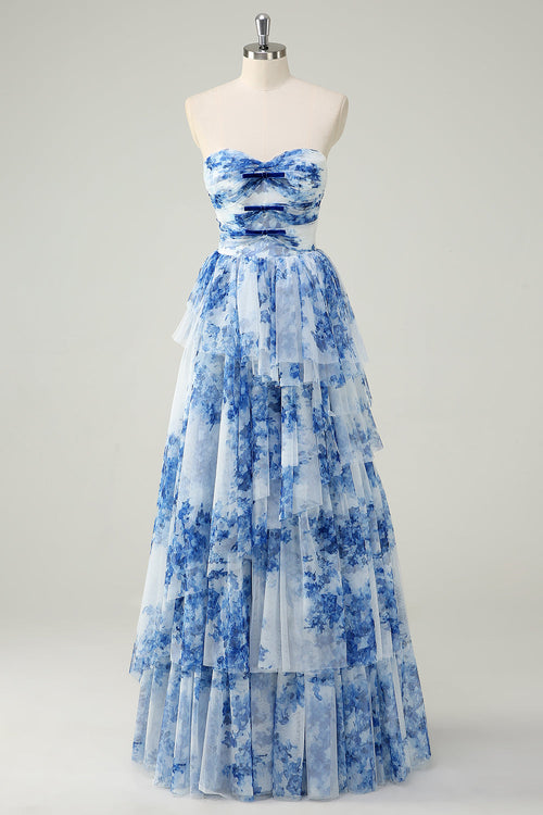Ophelia Floral Tiered Strapless Gown White Blue Flower 1
