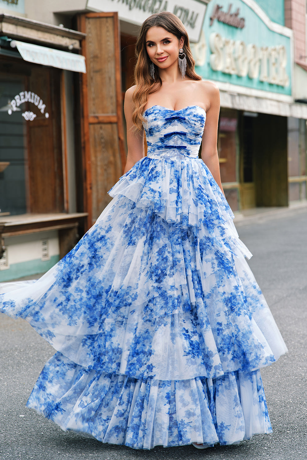Ophelia Floral Tiered Strapless Gown White Blue Flower 3