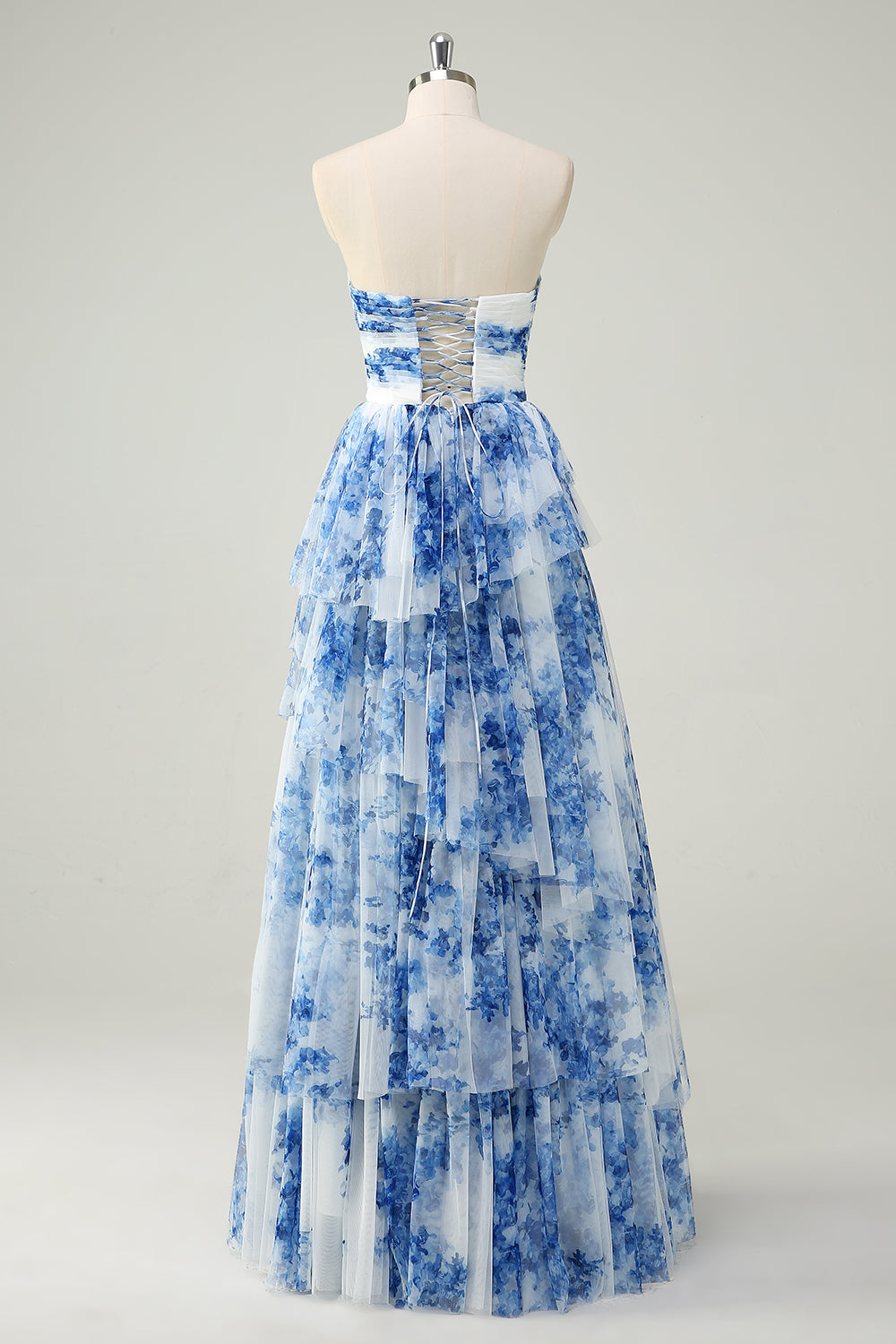 Ophelia Floral Tiered Strapless Gown White Blue Flower 2