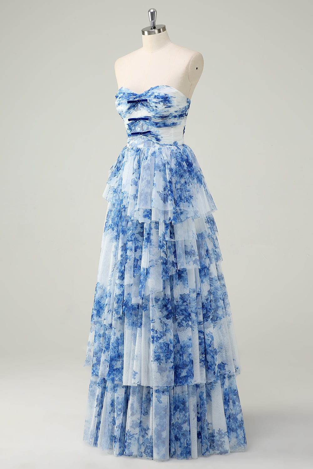 Ophelia Floral Tiered Strapless Gown White Blue Flower 5