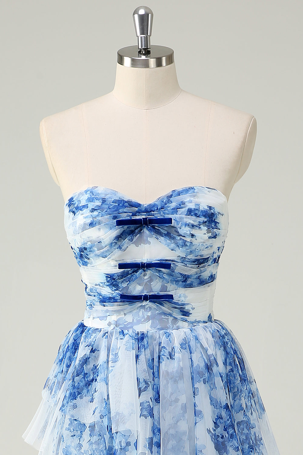 Ophelia Floral Tiered Strapless Gown White Blue Flower 6