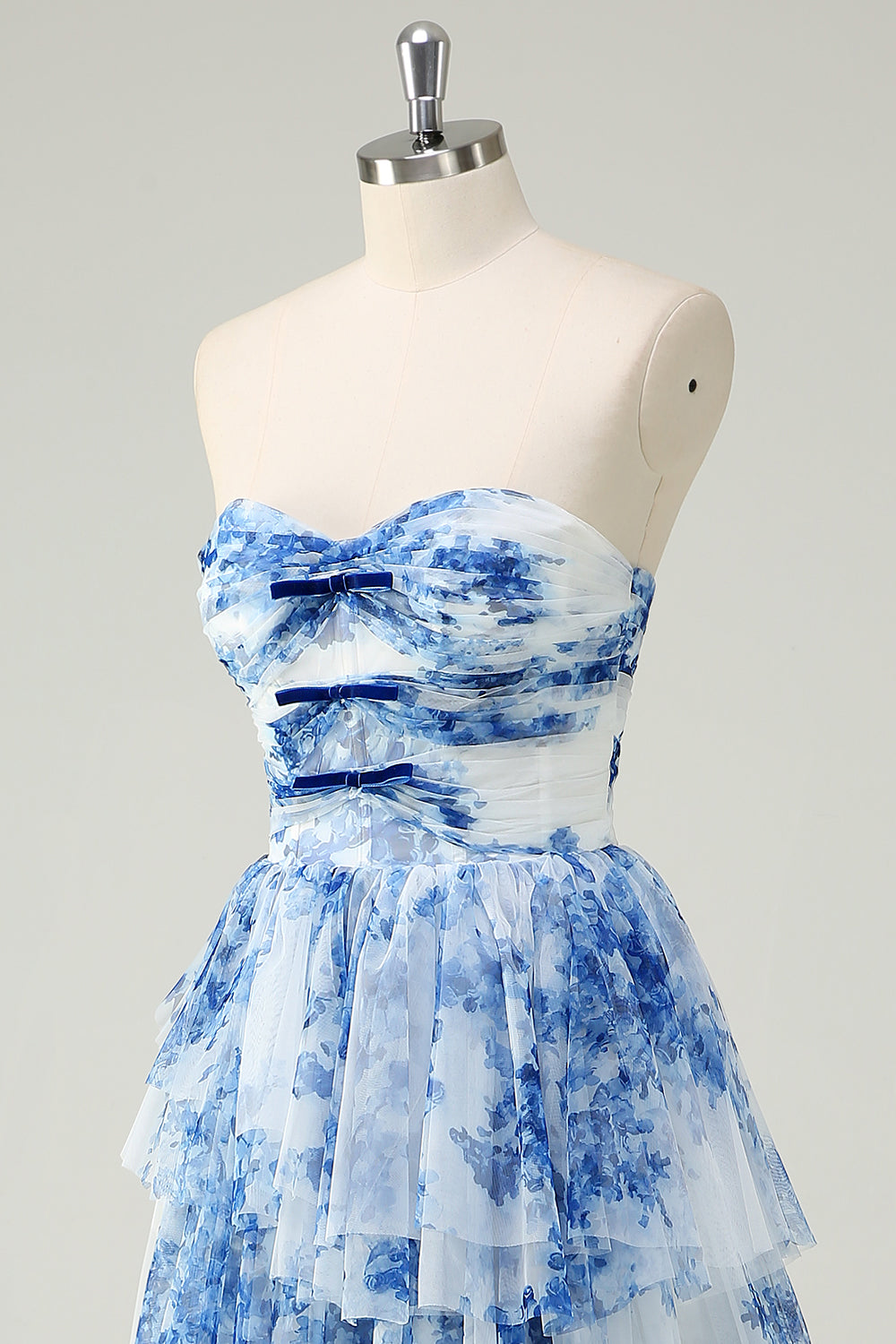 Ophelia Floral Tiered Strapless Gown White Blue Flower 8