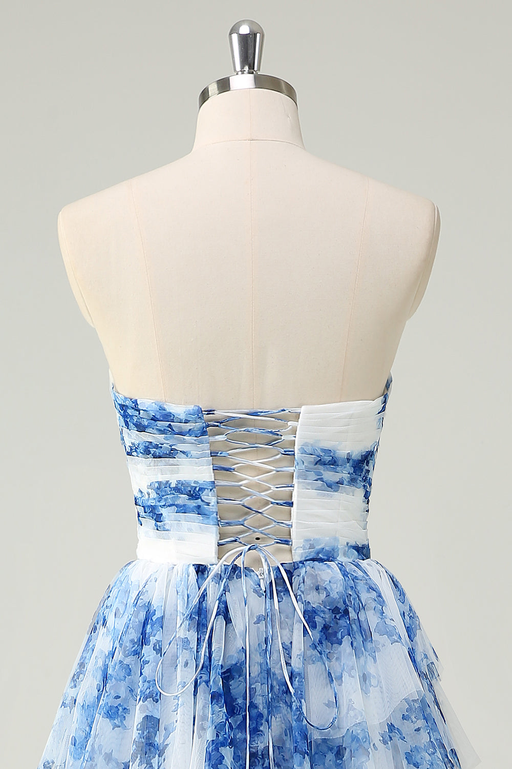 Ophelia Floral Tiered Strapless Gown White Blue Flower 7