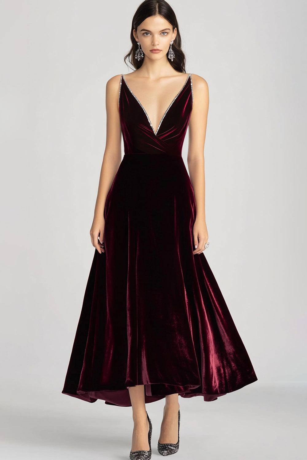 Margot Velvet V-Neck Dress Burgundy 1