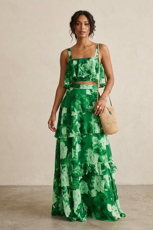 Arabella Floral Ruffle Maxi Dress Green 1