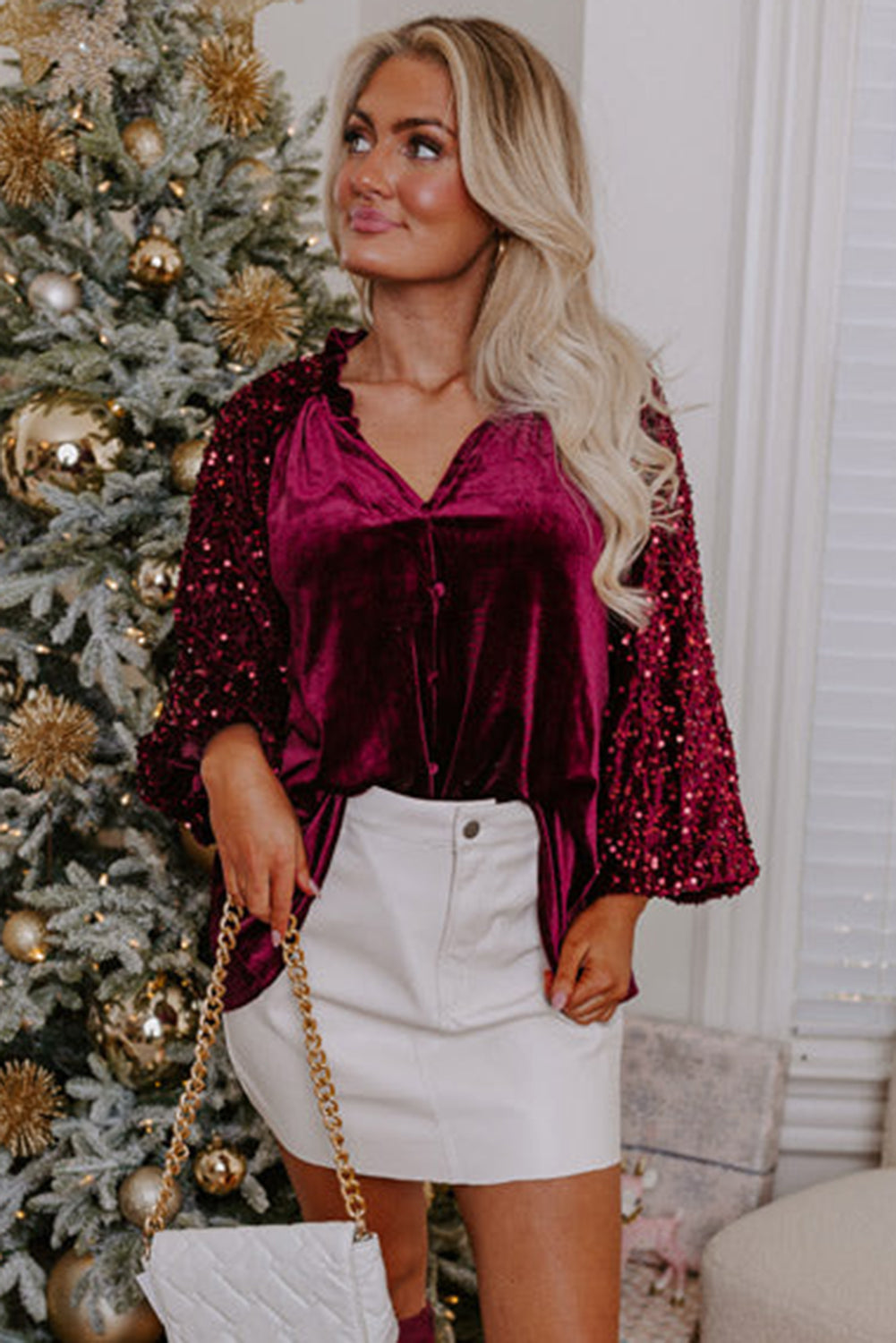 Freya Sequin Velvet Blouse Red Dahlia 4