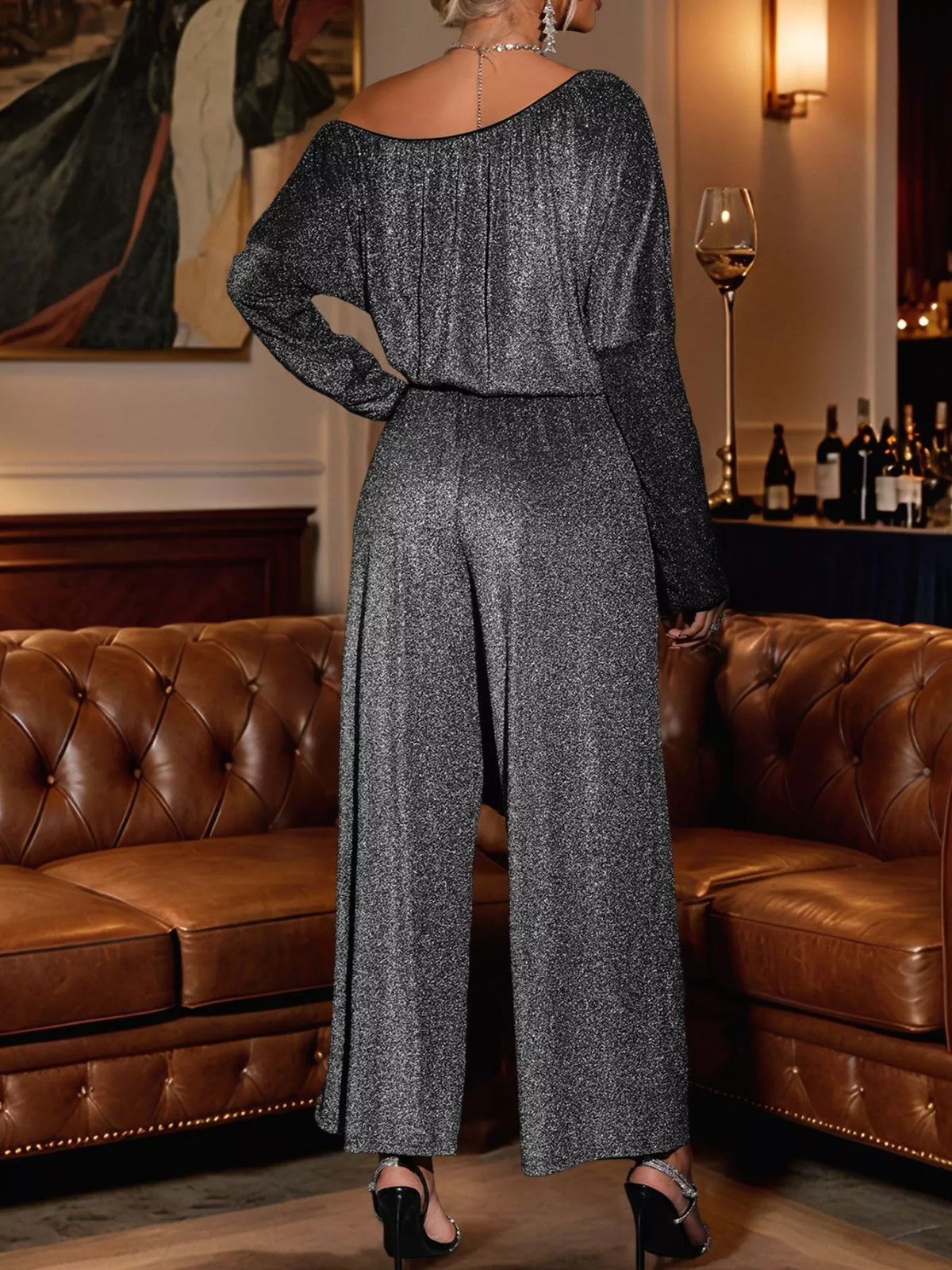 Nadia Glitter One-Shoulder Jumpsuit Gray 6