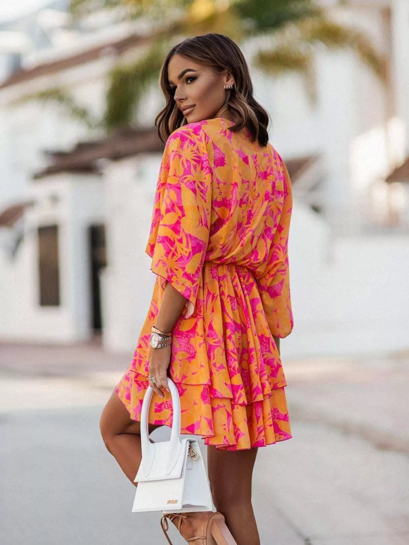 Margot Printed Surplice Mini Dress Orange 2
