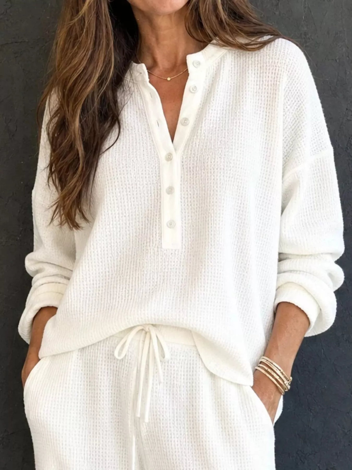 Margot Waffle Knit Henley Top & Wide Leg Pants Set Light Blue 2