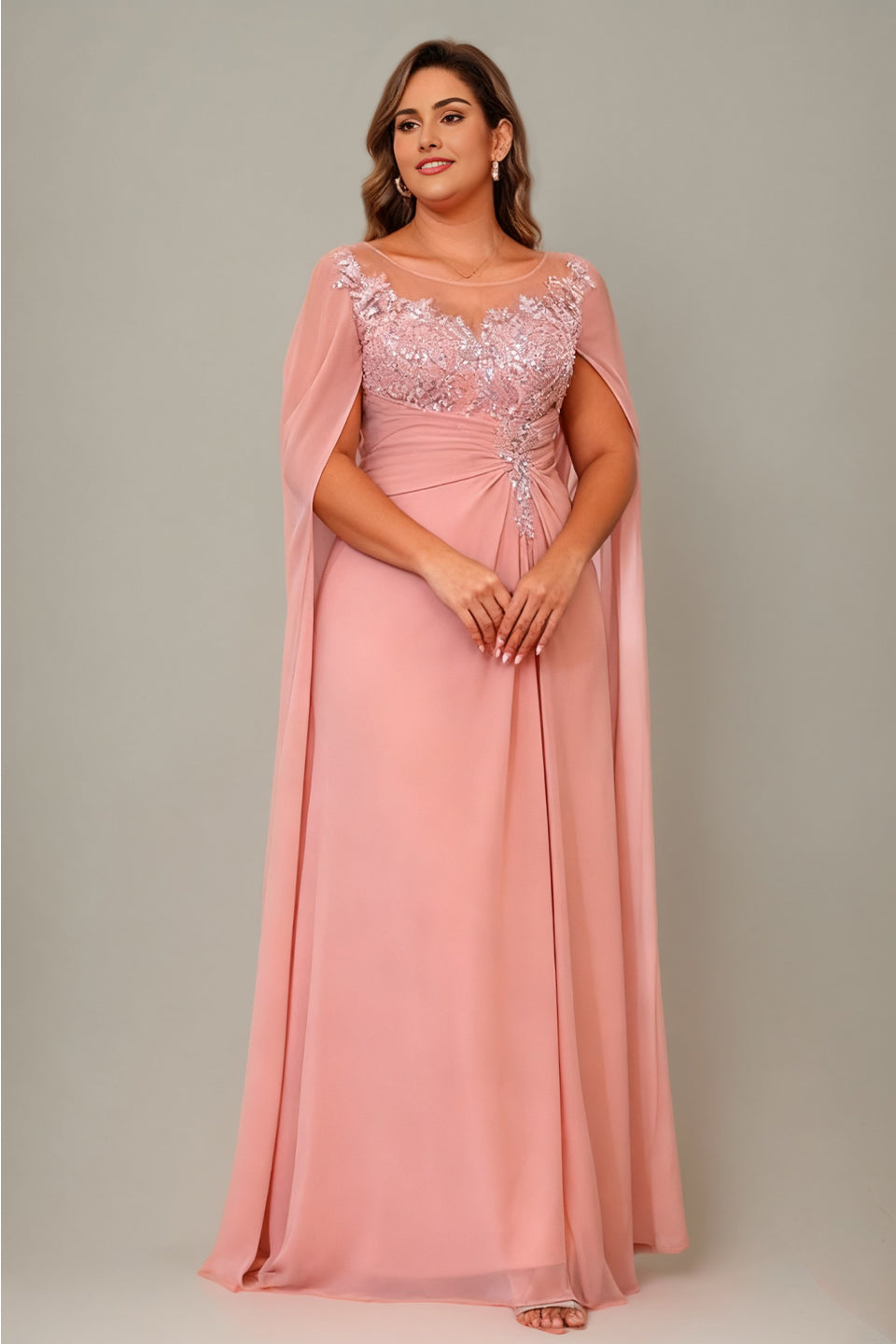 Arabella Floral Appliqué Cape Maxi Dress Pink 3