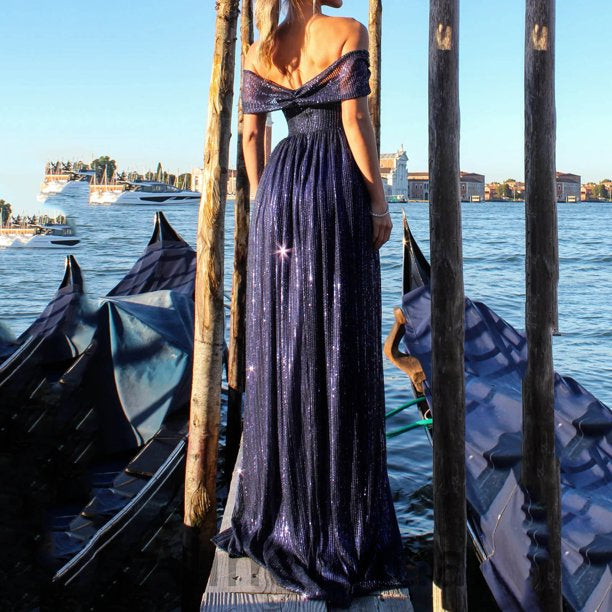 Alessia Off-Shoulder Satin A-Line Maxi Dress Blue 4