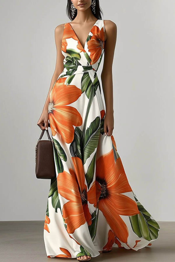 Margot Floral Linen Maxi Dress neck Sleeveless Fitted Waist Vacation Maxi Dress 4