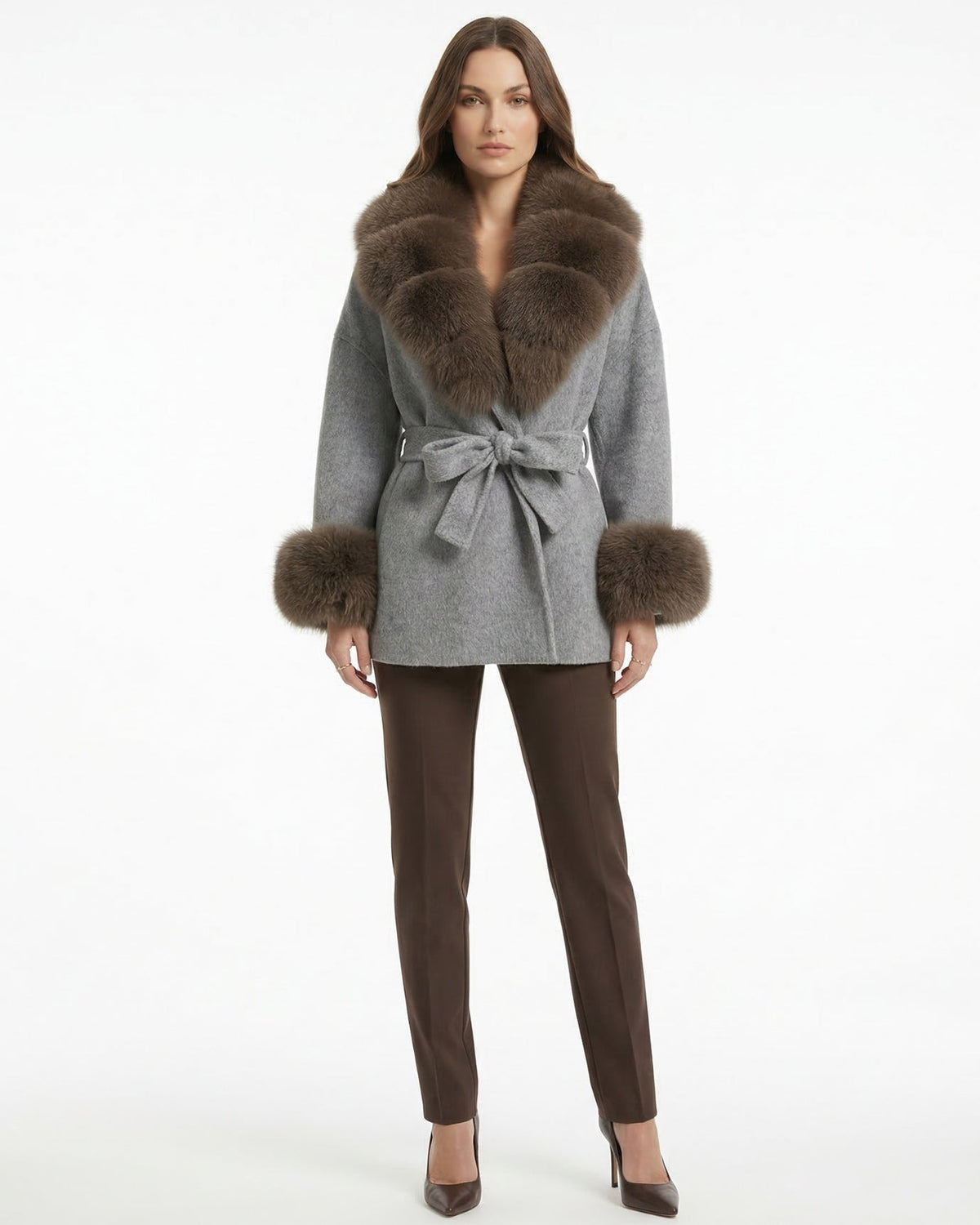 Divina Wool Coat with Fur Collar Khaki Mocha Gray 8