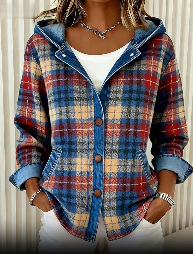 Briella Contrast Check Denim Jacket Blue 7