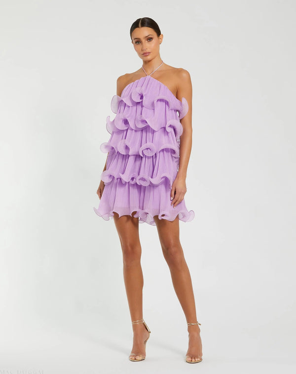 Violet Crinkle Chiffon Tiered Mini Dress