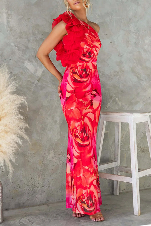 Margot Ruffle One-Shoulder Floral Maxi Dress Red 4