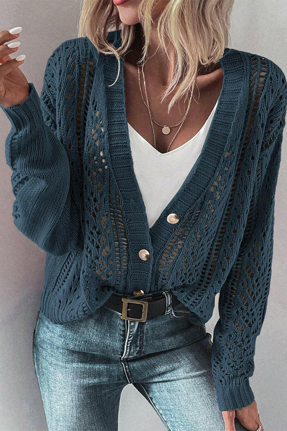 Margot Long Cardigan in Openwork Knit Real Teal 4