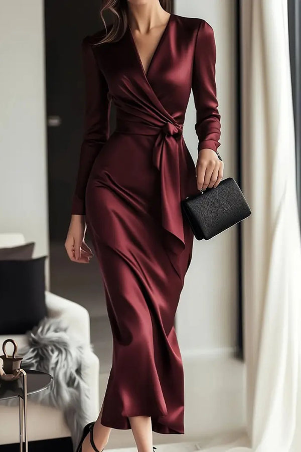 Celeste Satin Long Sleeve Midi Dress Red 4