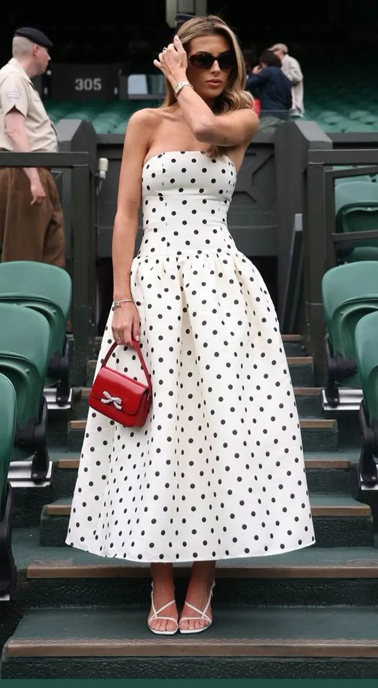 Faye A-Line Wedding Guest Dress in Ivory Polka Dot White 1