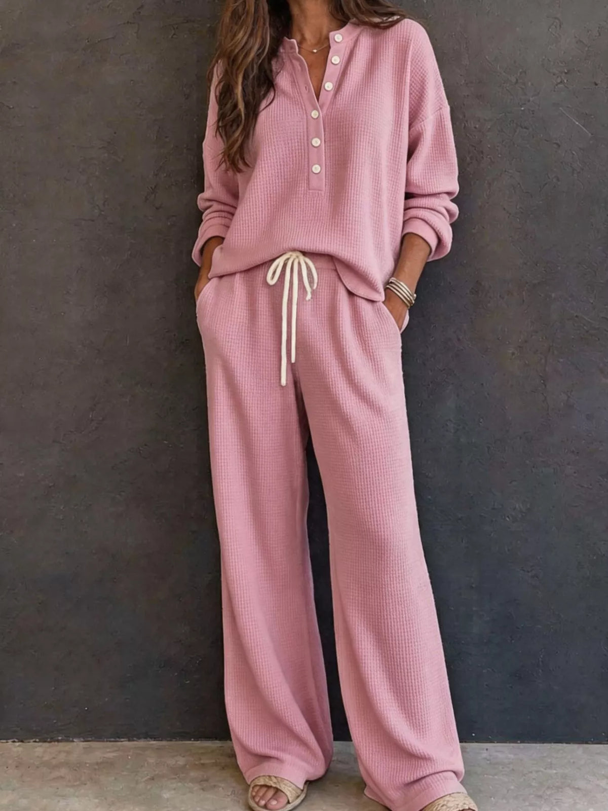 Margot Waffle Knit Henley Top & Wide Leg Pants Set Dusty Pink 4