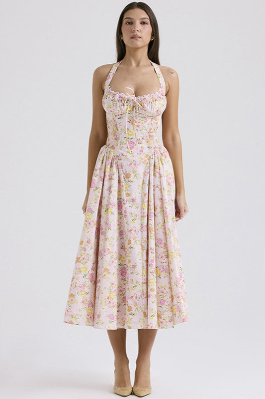 Margot Floral Halter Bodycon Maxi Dress Pink 4