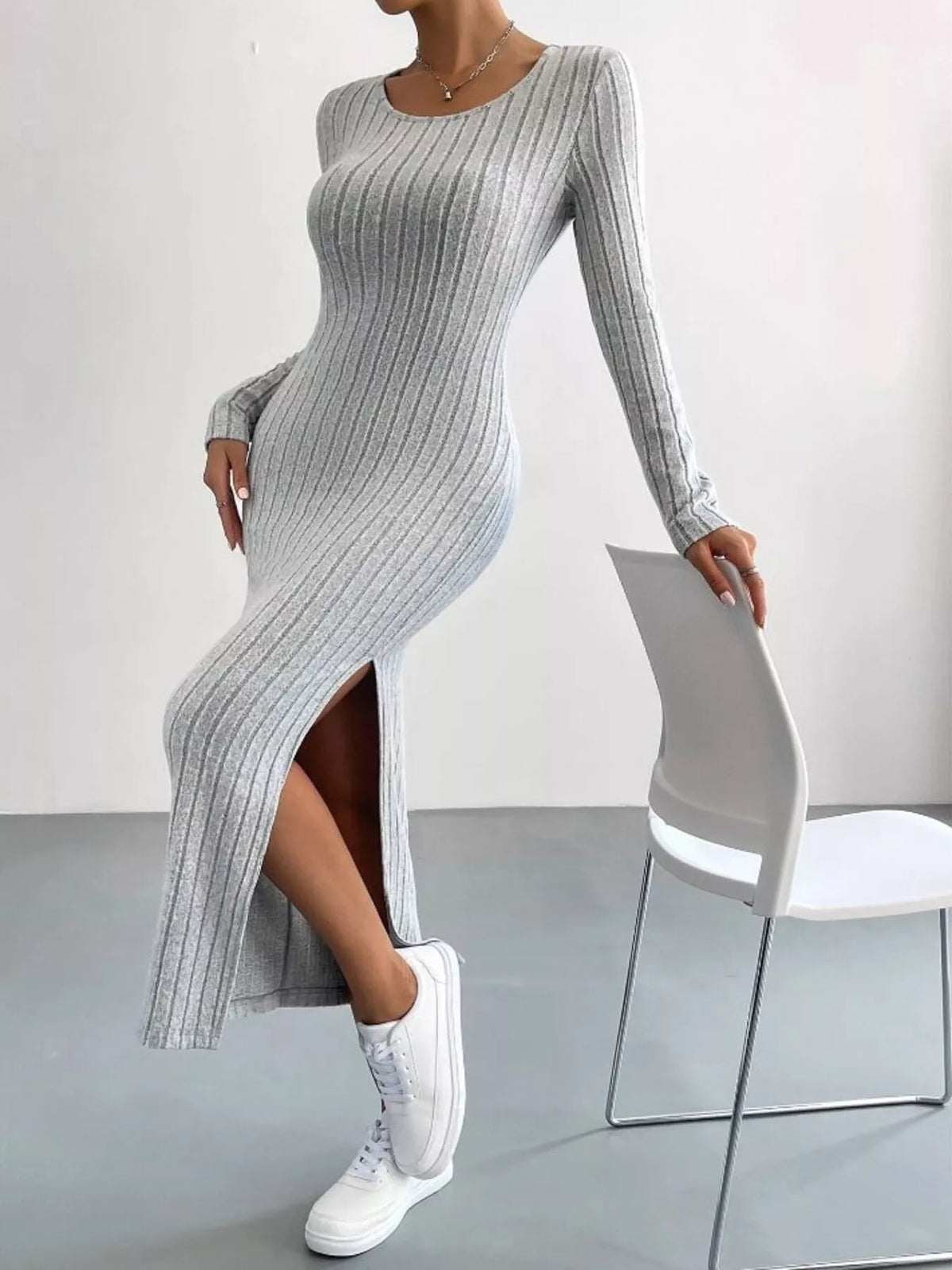 Marlowe Ribbed Knit Bodycon Midi Dress Light Gray 5