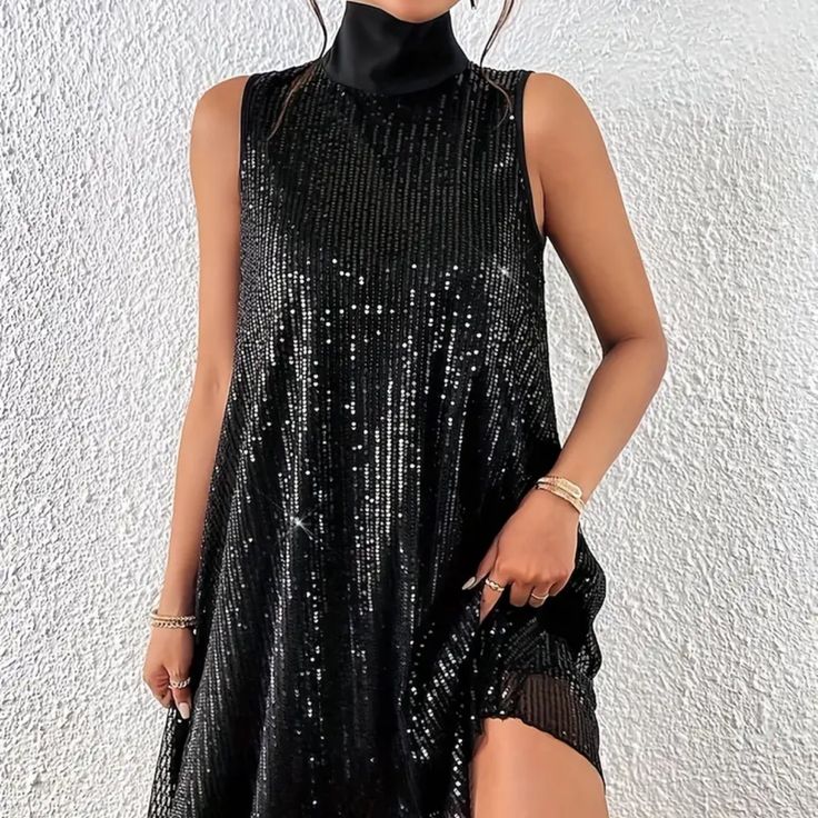 Celestine Sequin High-Neck Dress Black 1