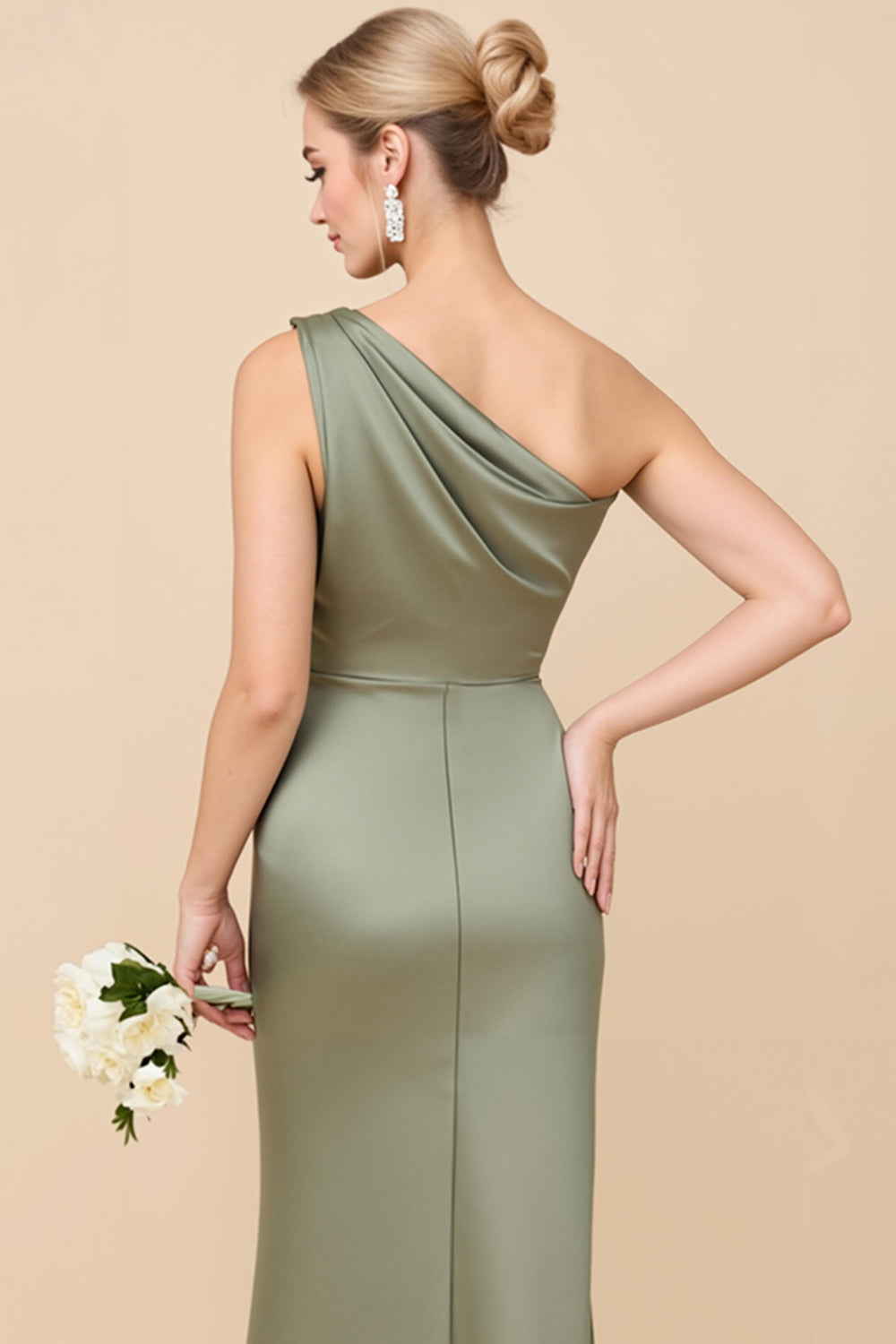 Adelaide Satin One-Shoulder Dress Dusty Sage 4