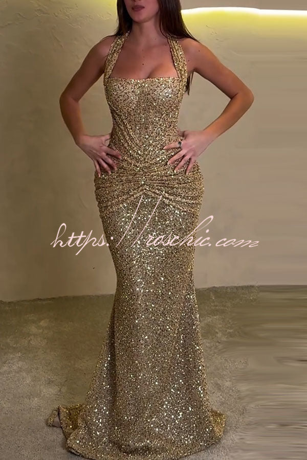 Velda Sequin Halter Maxi Dress up Drape Flare Maxi Dress 1