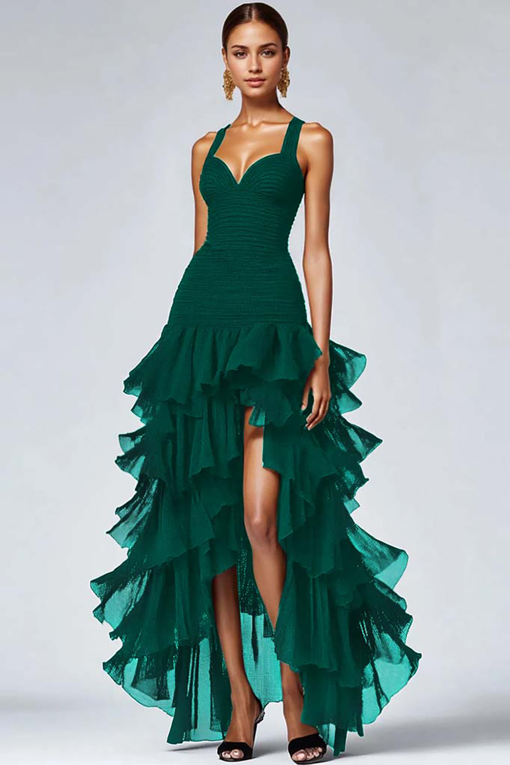 Valentina Ruffled Organza High-Low Dress Dark Green 3